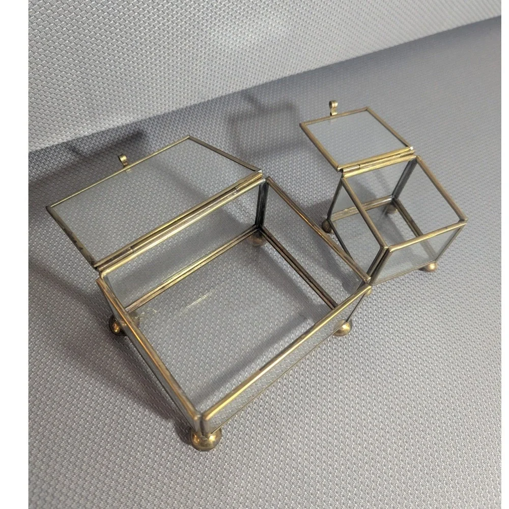 Vintage Brass and Clear Glass Jewelry Trinket Casket Box Set of 2 Footed